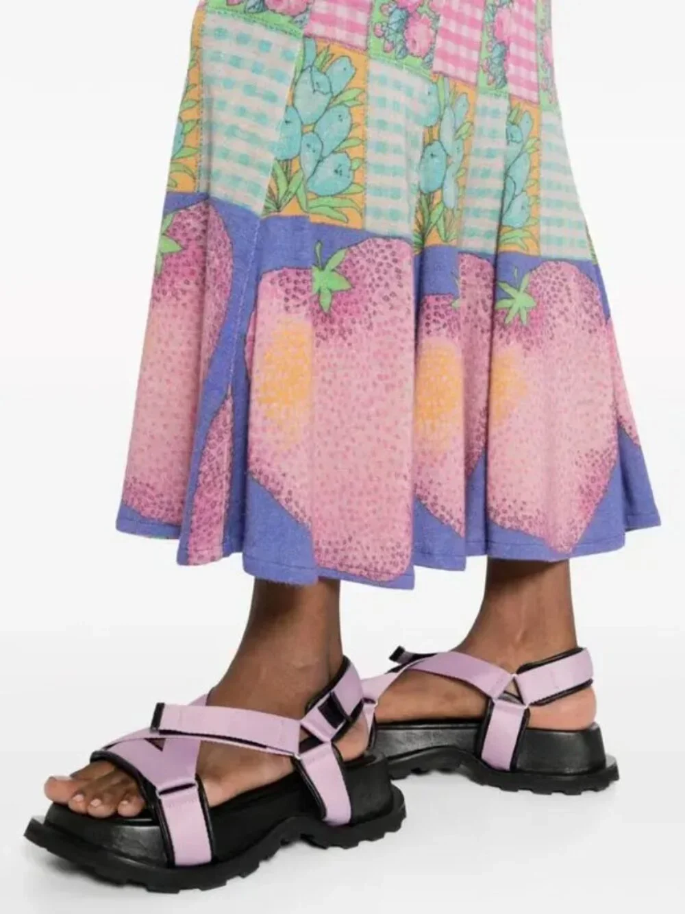 NWT ERL Mix Print Fluted Maxi Skirt Size L Pink Fruit Floral Gingham Designer